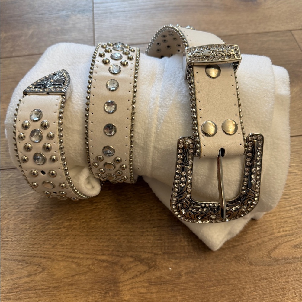 Studded White Belt with Silver Accents